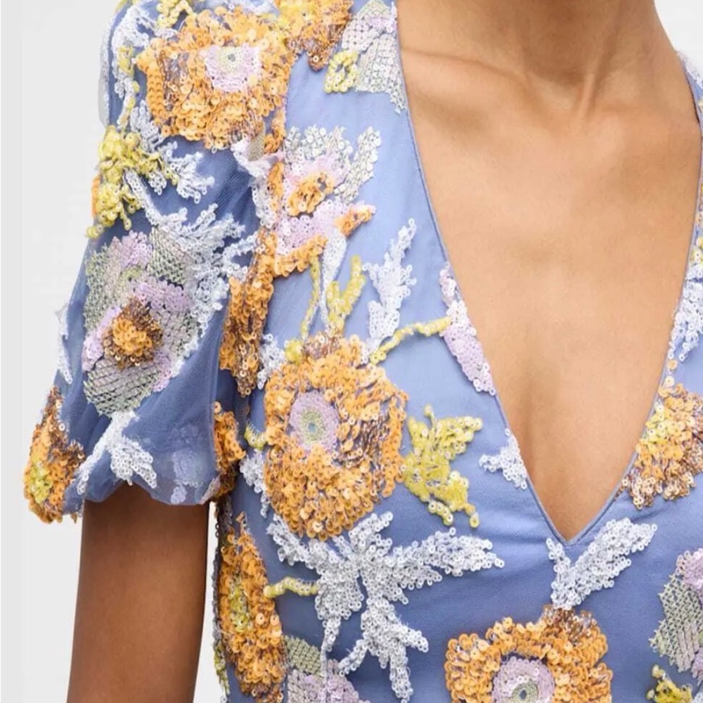 Jovani Puff-Sleeve Floral Sequin Gown - Picture 4 of 9
